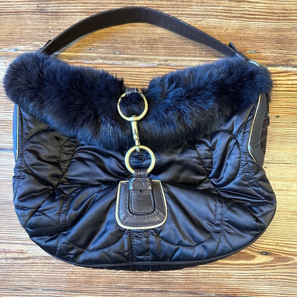 Chocolate brown Coach fur and quilted satin shoulder Hobo bag w/brass clasp